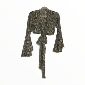 Bell Sleeve Snake Print Wrap Blouse